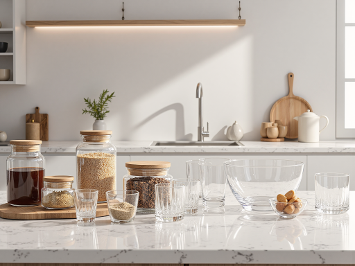 精致厨房用品套装展示，包括陶瓷餐具、玻璃器皿、竹制厨具等，展现优雅用餐环境